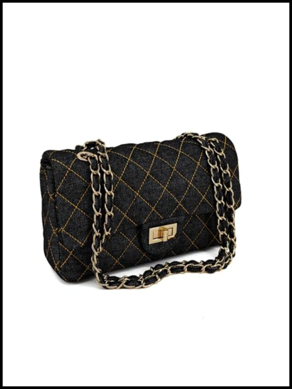 Vintage Quilted Denim Double Flap Shoulder Bag with Chain Strap